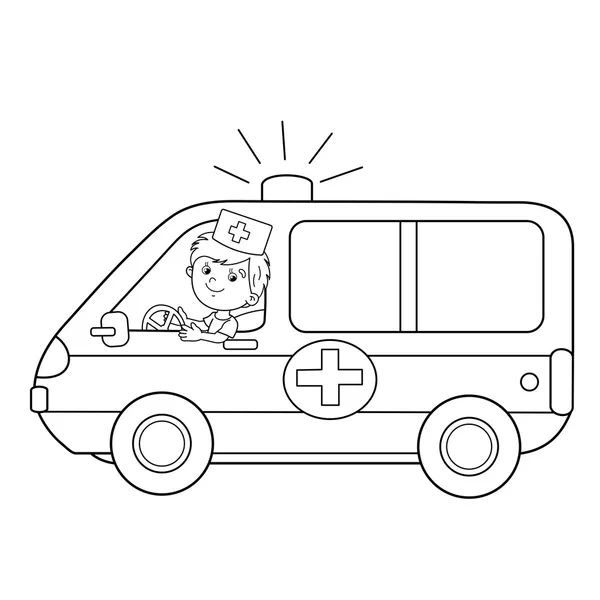 Coloring Page Outline Of cartoon doctor with ambulance car — Stock Vector