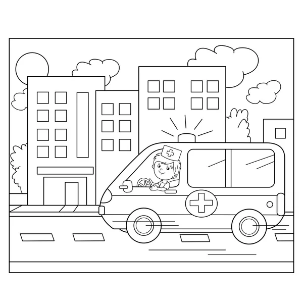 Página para colorear Esquema de médico de dibujos animados con coche ambulancia — Vector de stock