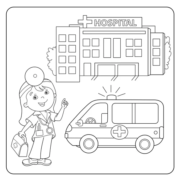 Página para colorear Esquema del médico. Coche de ambulancia. Hospital. — Vector de stock