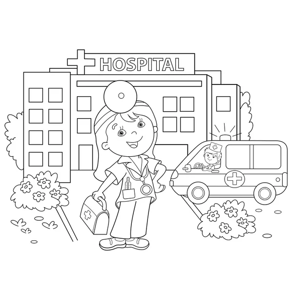 Página para colorear Esquema De médico de dibujos animados cerca del hospital — Archivo Imágenes Vectoriales