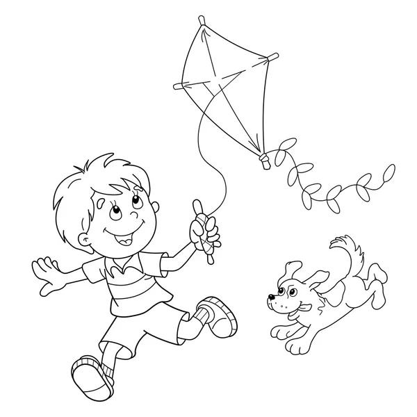 Página para colorear Esquema de niño de dibujos animados corriendo con cometa con perro. Libro para colorear para niños — Vector de stock