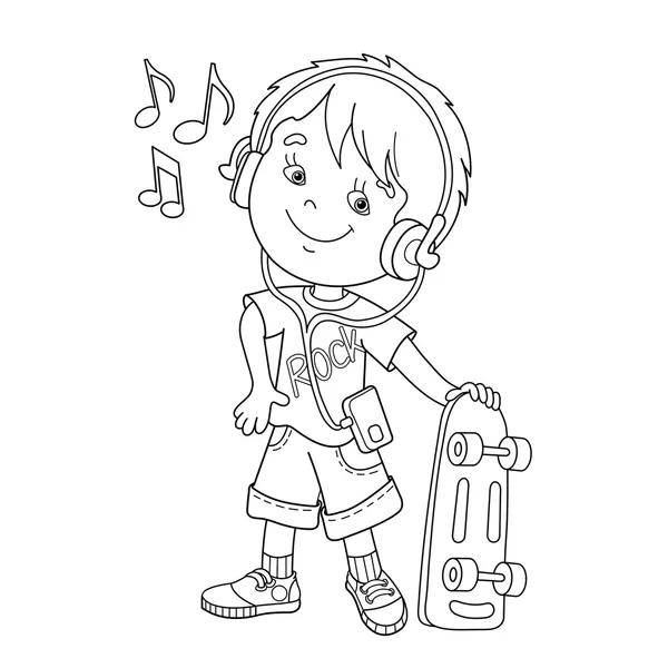 Coloriage contour de garçon dans les écouteurs avec planche à roulettes écouter de la musique. Livre à colorier pour enfants — Image vectorielle