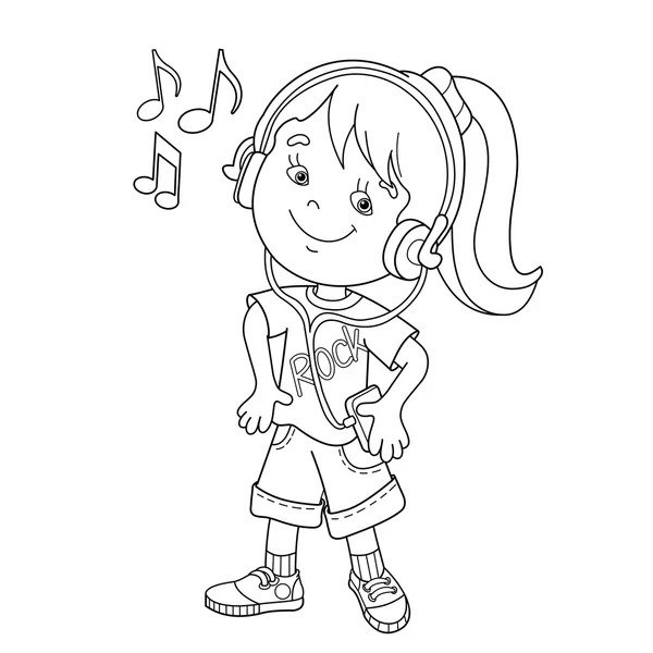 Färgsätta sidan disposition av flickan i hörlurar lyssna till musik. Målarbok för barn — Stock vektor
