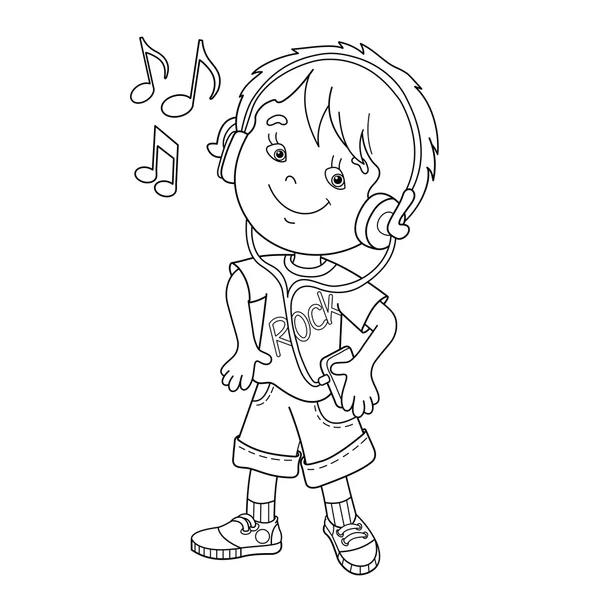 Coloring Page Outline Of boy in headphone listening to music (dalam bahasa Inggris). Buku mewarnai untuk anak-anak - Stok Vektor