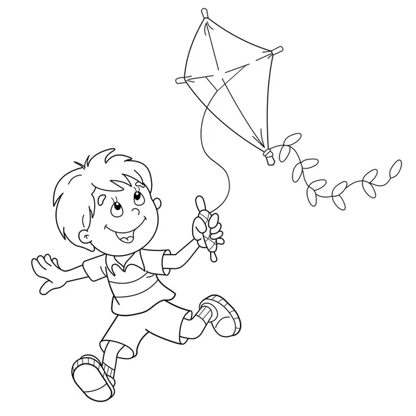 Página para colorear Esquema de niño corriendo con una cometa — Vector de stock