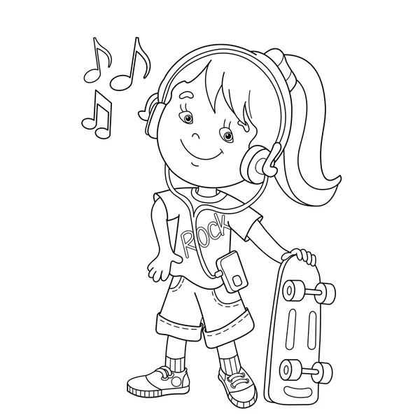 Coloring Page Outline Of girl in headphone with with with skateboard listening to music. Buku mewarnai untuk anak-anak - Stok Vektor