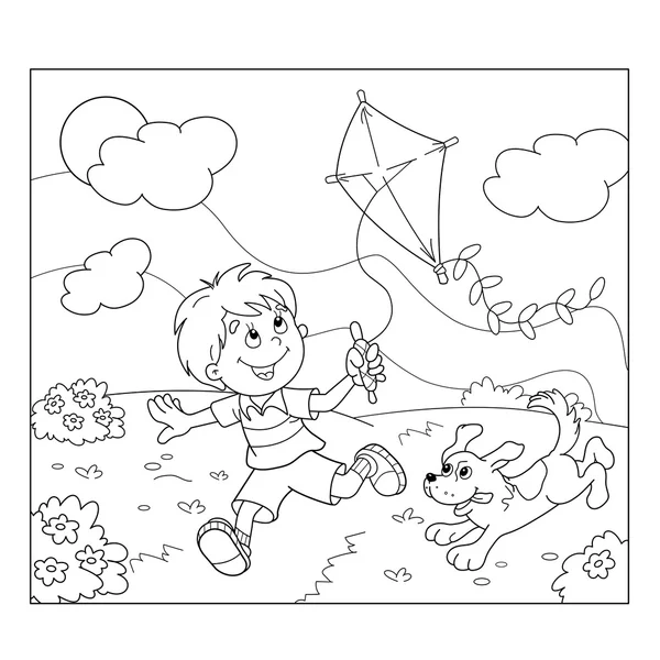 Coloring Page Outline Of cartoon boy running with kite with dog. Coloring book for kids — Stock Vector