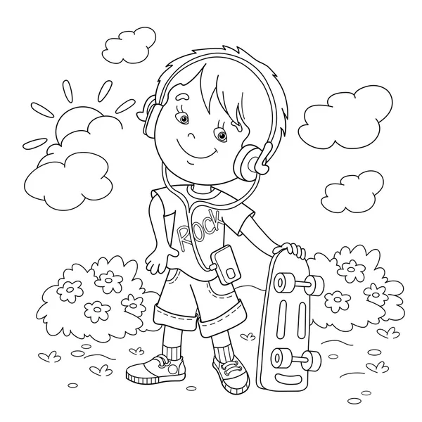 Coloring Page Outline Of boy in headphones with skateboard. Coloring book for kids — Stock Vector