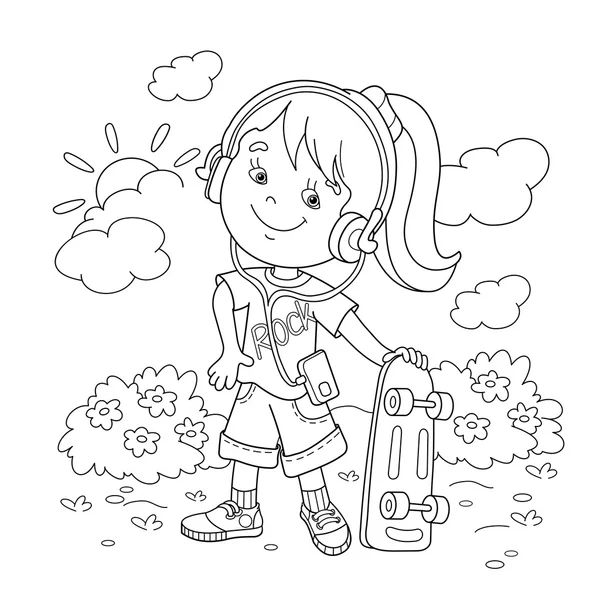 Coloring Page Outline Of girl in headphones with skateboard. Coloring book for kids — Stock Vector