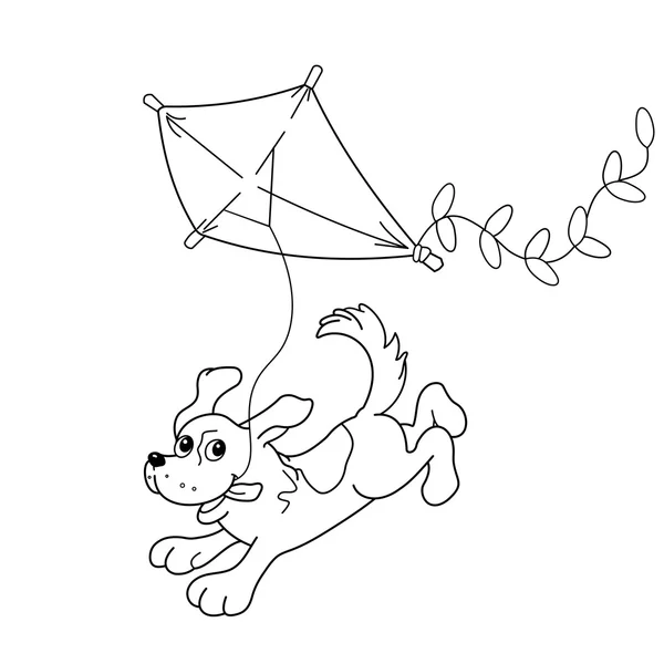 Página para colorear Esquema de perro de dibujos animados con una cometa. Libro para colorear para niños — Vector de stock