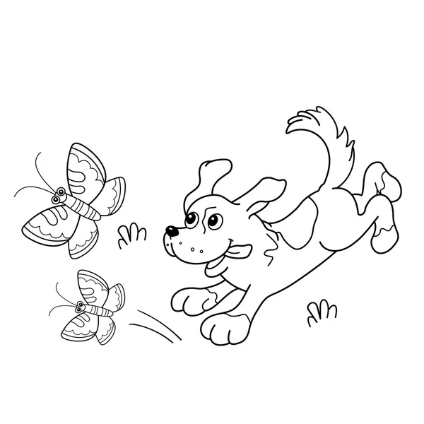 Página para colorear Esquema de perro de dibujos animados con mariposas — Vector de stock