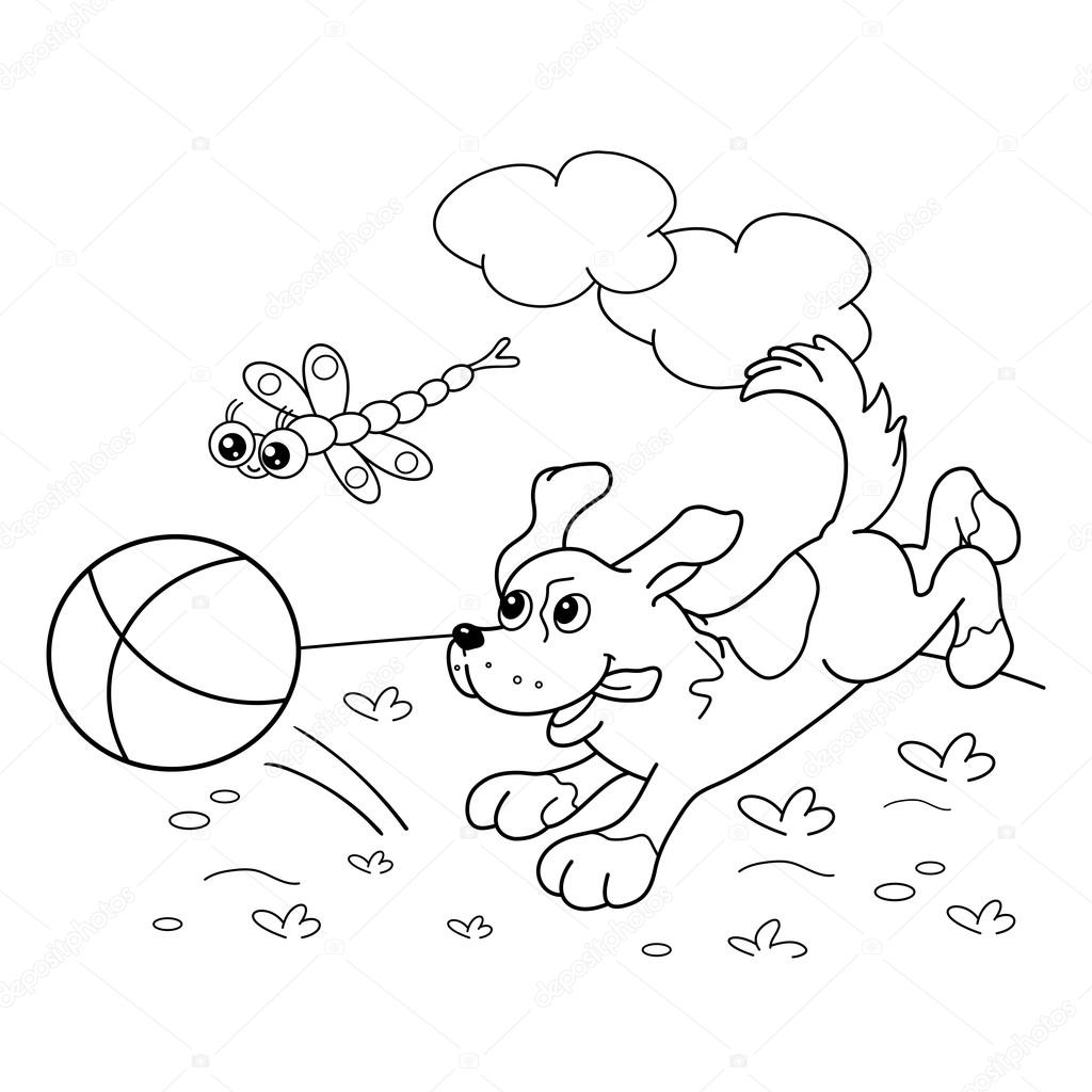 Coloriage Page Aper§u du chien de dessin animé avec ballon et libellule Livre de coloriage pour les enfants — Vector by Oleon17