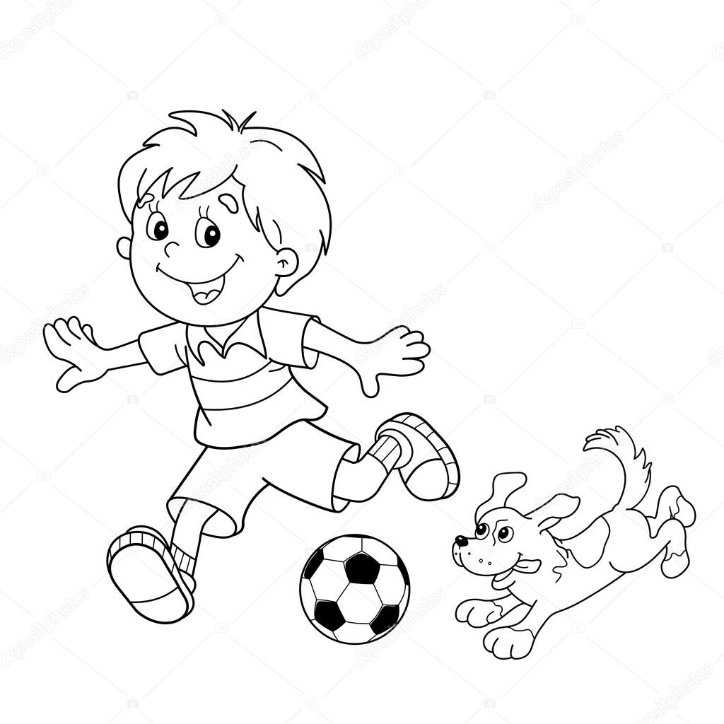 Kleurplaat Pagina Overzicht Van Cartoon Jongen Met Voetbal Met Hond