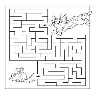 Okul Öncesi Çocuklar için Eğitim Labirent veya Labirent Oyunu Karikatür Vektör İllüstrasyon. Bulmaca. Boyama Sayfası Anahat Oyuncak fare ile kedi. Çocuklar için boyama kitabı.