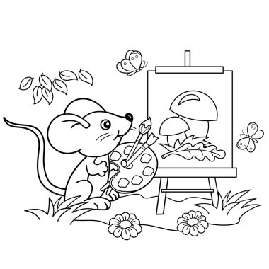 Boyama Sayfası Anahat Kelebekler ile çayırda fırça ve boyalar ile mantar resmi ile karikatür küçük fare. Çocuklar için boyama kitabı