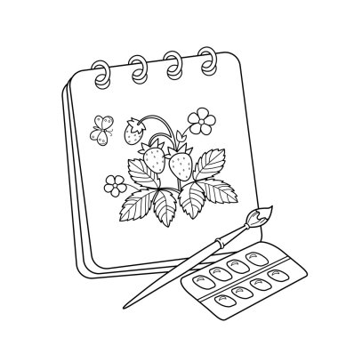 Boyama Sayfası Anahat Karikatür albüm veya fırça ve boyalar ile sketchbook of. Çilek çizimi. Çocuklar için boyama kitabı