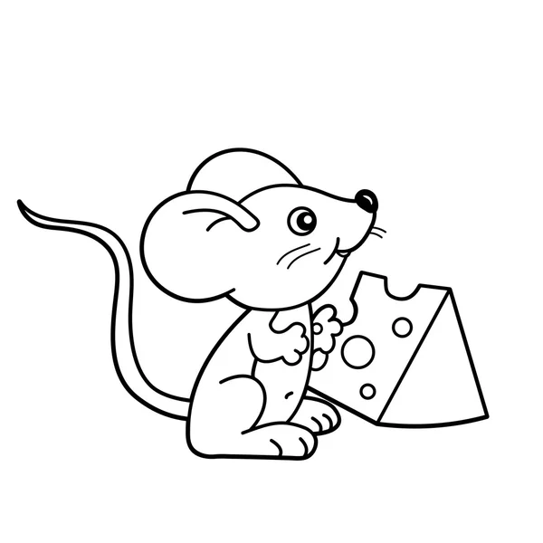 Página para colorear Esquema de dibujos animados ratoncito con queso. Libro para colorear para niños — Vector de stock