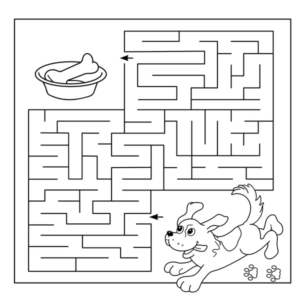 Cartoon Vector Illustration of Education Maze or Labyrinth Game for Preschool Children. Puzzle. Coloring Page Outline Of dog with bone. Coloring book for kids. — Stock Vector