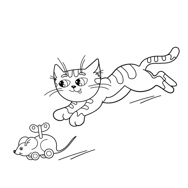 Χρωματισμός σελίδα περίγραμμα της γάτας κινουμένων σχεδίων παίζοντας με το παιχνίδι ρολόι ποντίκι. Βιβλίο ζωγραφικής για τα παιδιά — Διανυσματικό Αρχείο