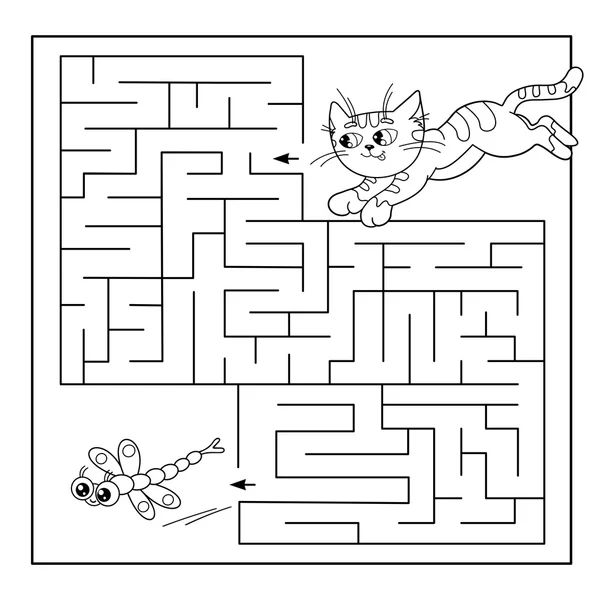 Cartoon Vector Illustration of Education Juego de laberinto o laberinto para niños preescolares. Puzzle. Página para colorear Esquema de gato con libélula. Libro para colorear para niños . — Vector de stock