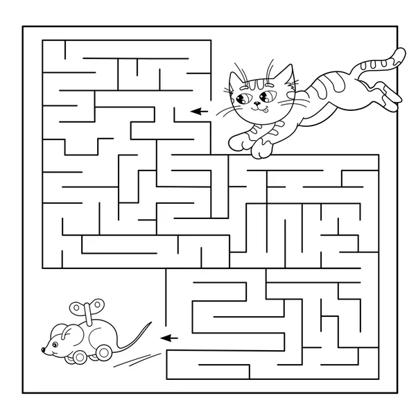 Karikatúra Vector illusztráció oktatási labirintus vagy labirintus játék óvodáskorú gyermekek. Puzzle. Színezés oldal vázlat a macska a játék egér. Kifestőkönyv gyerekeknek. — Stock Vector
