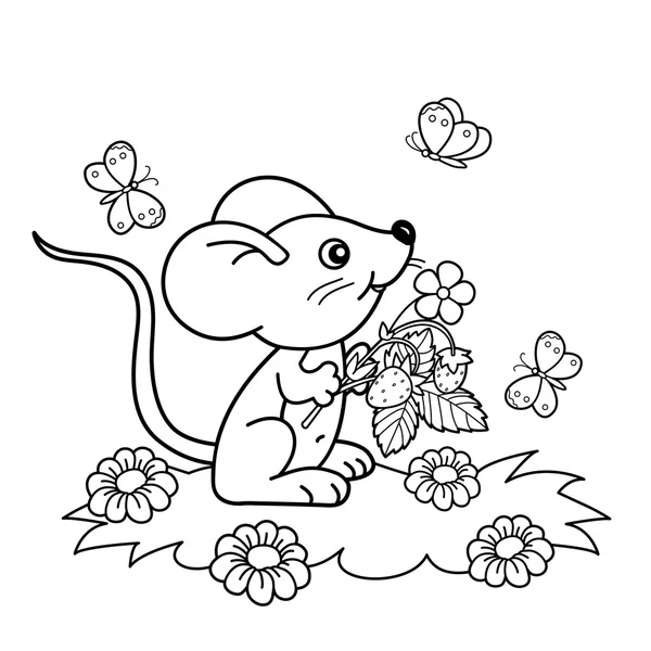 Розмальовка сторінка Начерк мультяшної миші з полуницею на лузі з метеликами. Розмальовка для дітей — стоковий вектор