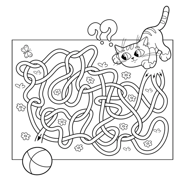 Cartoon Vector Illustration of Education Maze or Labyrinth Game for Preschool Children. Puzzle. Tangled Road. Coloring Page Outline Of cat with ball. Coloring book for kids. — Stock Vector