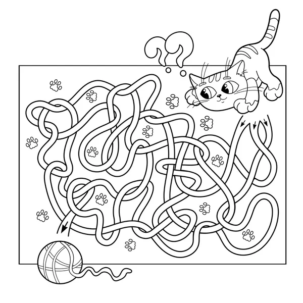 Cartoon vector illustratie van onderwijs doolhof of labyrint spel voor Preschool kinderen. Puzzel. Verwarde weg. Kleurplaat pagina omtrek van kat met bal van garen. Kleurboek voor kinderen. — Stockvector