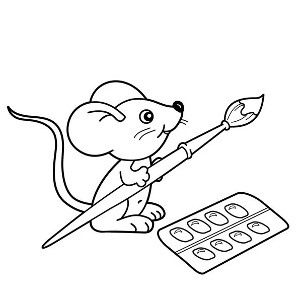 Розмальовка сторінка Начерк мультяшної миші пензлем і фарбами. Розмальовка для дітей — стоковий вектор