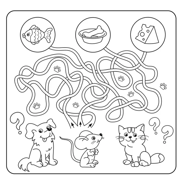 Maze or Labyrinth Game for Preschool Children. Puzzle. Tangled Road. Matching Game. Cartoon Animals and their Favorite Food. Coloring book for kids. — Stock Vector