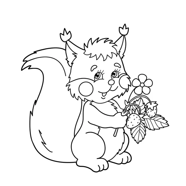 Coloring Page Outline Of cartoon squirrel with strawberries. Coloring book for kids — Stock Vector