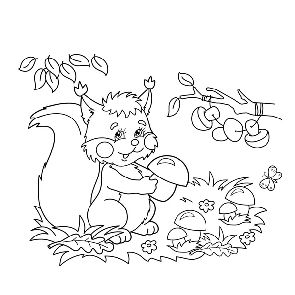 Obarvení stránky osnova kreslené veverky s houbami na louce s motýlama. Barva knihy pro děti — Stockový vektor
