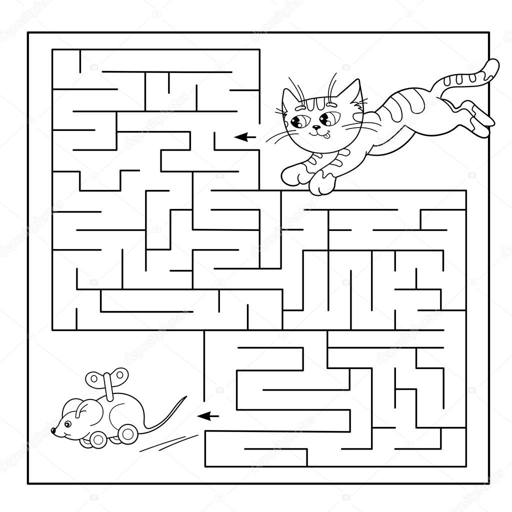 Cartoon Vector Illustration Of Education Maze Or Labyrinth Game For Preschool Children Puzzle Coloring Page Outline Of Cat With Toy Mouse Coloring Book For Kids Vector Image By C Oleon17