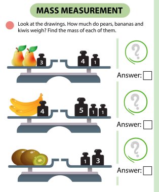 Matematik oyunu, çocuklar için eğitim oyunu. Kütle ölçümü. Pullar. Armut, muz ve kivi ağırlığı ne kadardır? Çocuklar için mantık bulmacası. Anaokulu ve okul öncesi öğrencileri için çalışma tablosu vektör tasarımı.