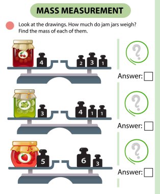 Matematik oyunu, çocuklar için eğitim oyunu. Kütle ölçümü. Pullar. Reçel kavanozlarının ağırlığı ne kadar? Çocuklar için mantık bulmacası. Anaokulu ve okul öncesi öğrencileri için çalışma tablosu vektör tasarımı.