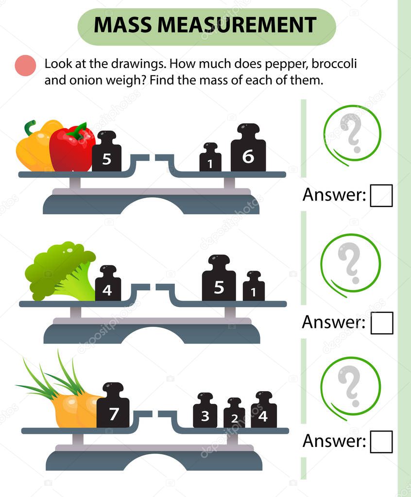 Math game, education game for children. Mass measurement. Scales. How much do peppers, broccoli and onions weight? Logic puzzle for kids. Worksheet vector design for preschoolers and schoolers.