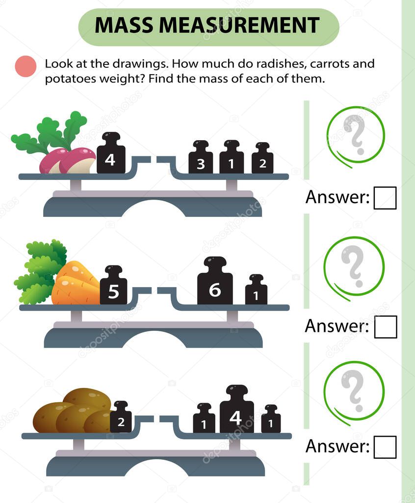 Math game, education game for children. Mass measurement. Scales. How much do radishes, carrots, and potatoes weight? Logic puzzle for kids. Worksheet vector design for preschoolers and schoolers.