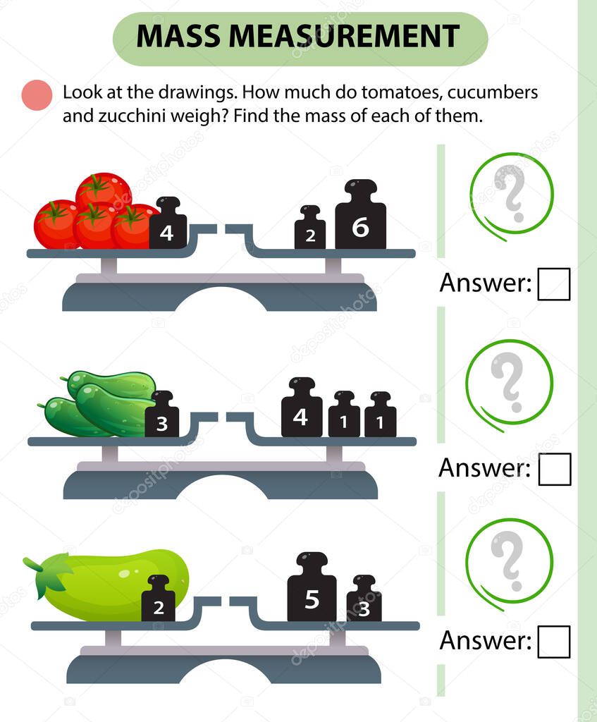 Math game, education game for children. Mass measurement. Scales. How much do tomatoes, cucumbers and zucchini weight? Logic puzzle for kids. Worksheet vector design for preschoolers and schoolers.