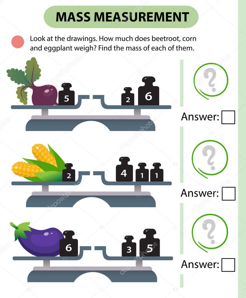 Math game, education game for children. Mass measurement. Scales. How much do beetroot, corn and eggplant weight? Logic puzzle for kids. Worksheet vector design for preschoolers and schoolers.