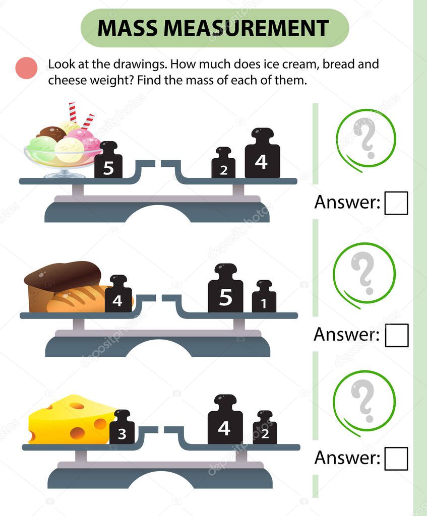 Math game, education game for children. Mass measurement. Scales. How much does ice cream, bread and cheese weight? Logic puzzle for kids. Worksheet vector design for preschoolers and schoolers.
