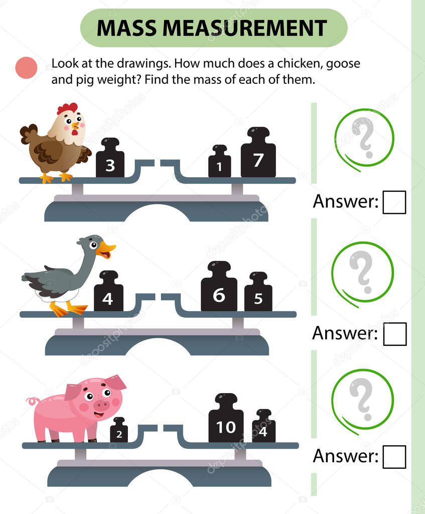 Math game, education game for children. Mass measurement. Scales. How much does a chicken, goose and pig weight? Solve the examples. Logic puzzle for kids. Worksheet vector design for preschoolers and schoolers.