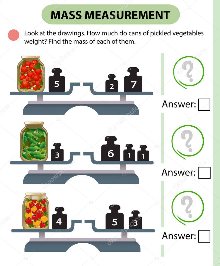 Math game, education game for children. Mass measurement. Scales. How much do cans of pickled vegetables weight? Logic puzzle for kids. Worksheet vector design for preschoolers and schoolers.
