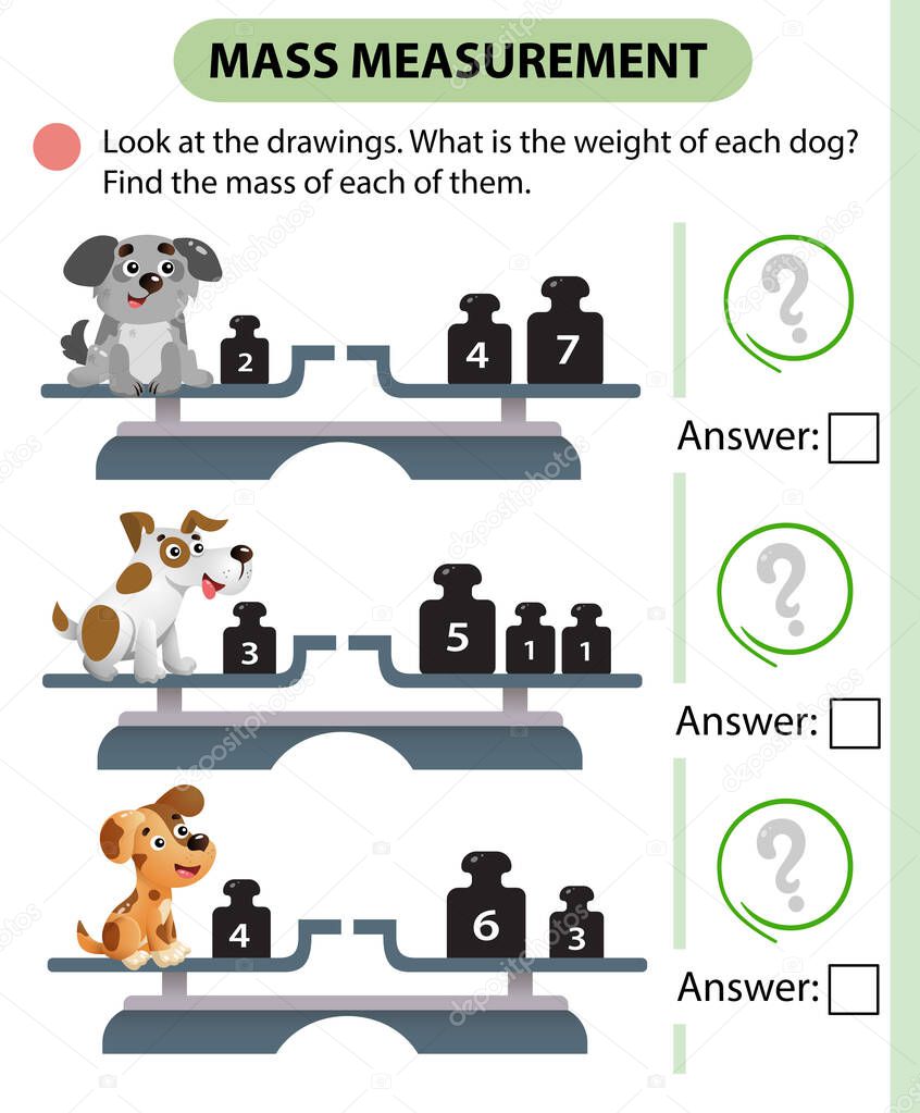 Math game, education game for children. Mass measurement. Scales. What is the weight of each dog? Solve the examples. Logic puzzle for kids. Worksheet vector design for preschoolers and schoolers.