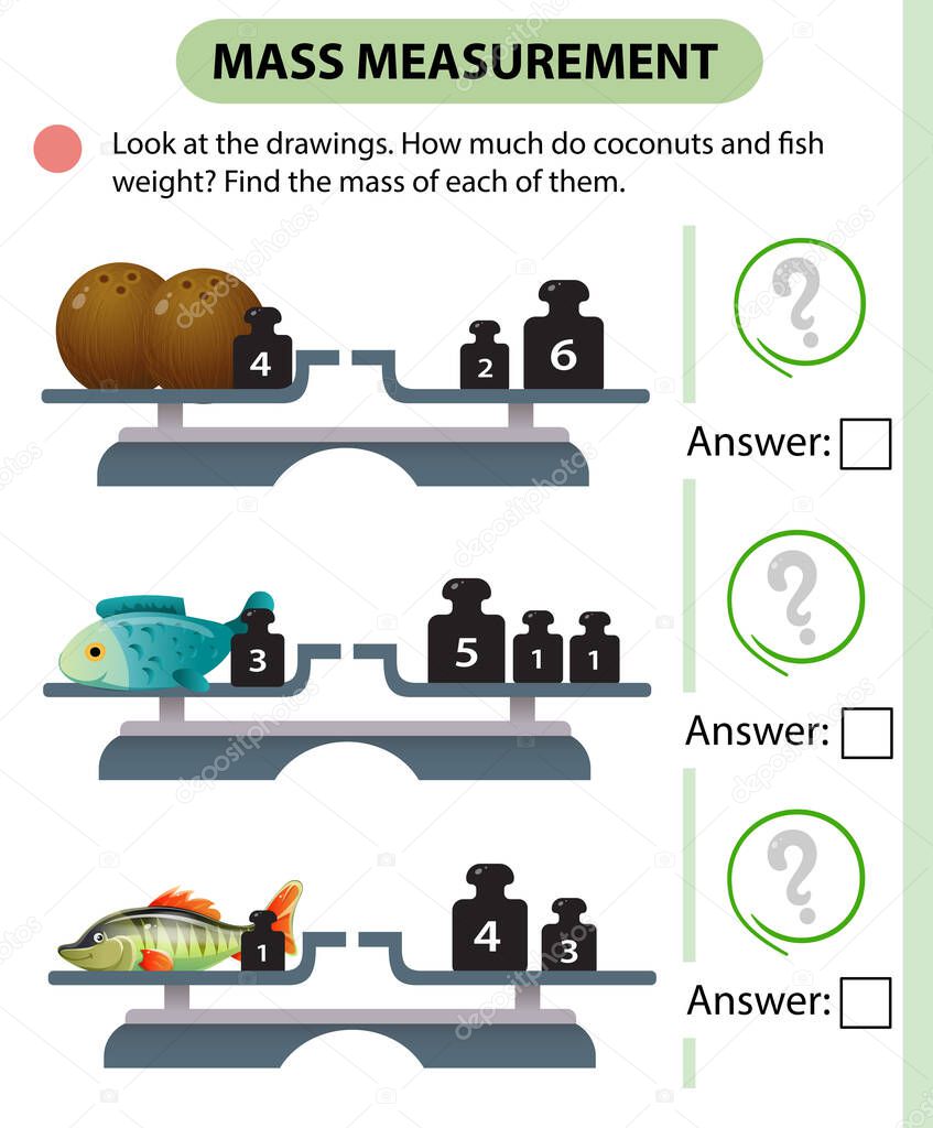 Math game, education game for children. Mass measurement. Scales. How much do coconuts and fish weight? Solve the examples. Logic puzzle for kids. Worksheet vector design for preschoolers and schoolers.
