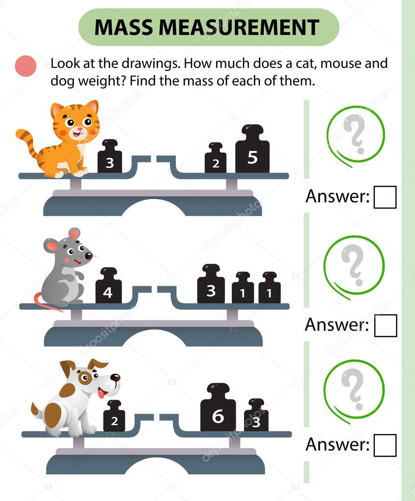 Math game, education game for children. Mass measurement. Scales. How much does a cat, mouse and dog weight? Logic puzzle for kids. Worksheet vector design for preschoolers and schoolers.