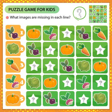 Sudoku bulmacası. Her satırda hangi görüntüler eksik? Sebzeler. Lahana, havuç, pancar, turp, balkabağı. Çocuklar için mantık bulmacası. Çocuklar için eğitim oyunu. Okullar için çalışma tablosu vektör tasarımı.