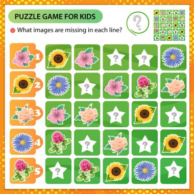 Sudoku bulmacası. Her satırda hangi görüntüler eksik? Çiçekler. Gül, ayçiçeği, mallow, aster, yonca. Çocuklar için mantık bulmacası. Çocuklar için eğitim oyunu. Okullar için çalışma tablosu vektör tasarımı.