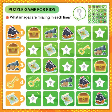 Sudoku bulmacası. Her satırda hangi görüntüler eksik? Korsan gemisi, top, kafataslı siyah bayrak, hazine haritası ve altınla dolu sandık. Çocuklar için mantık bulmacası. Çocuklar için oyun. Okullar için çalışma tablosu vektör tasarımı