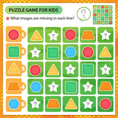 Sudoku bulmacası. Her satırda hangi görüntüler eksik? Geometrik şekiller. Çocuklar için mantık bulmacası. Çocuklar için eğitim oyunu. Okullar için çalışma tablosu vektör tasarımı.