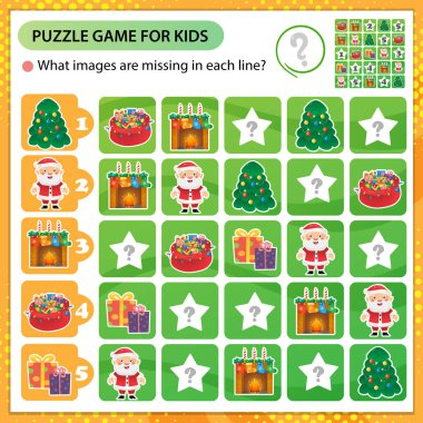 Sudoku bulmacası. Her satırda hangi görüntüler eksik? Noel zamanı. Yeni yıl. Çocuklar için mantık bulmacası. Çocuklar için eğitim oyunu. Okullar için çalışma tablosu vektör tasarımı